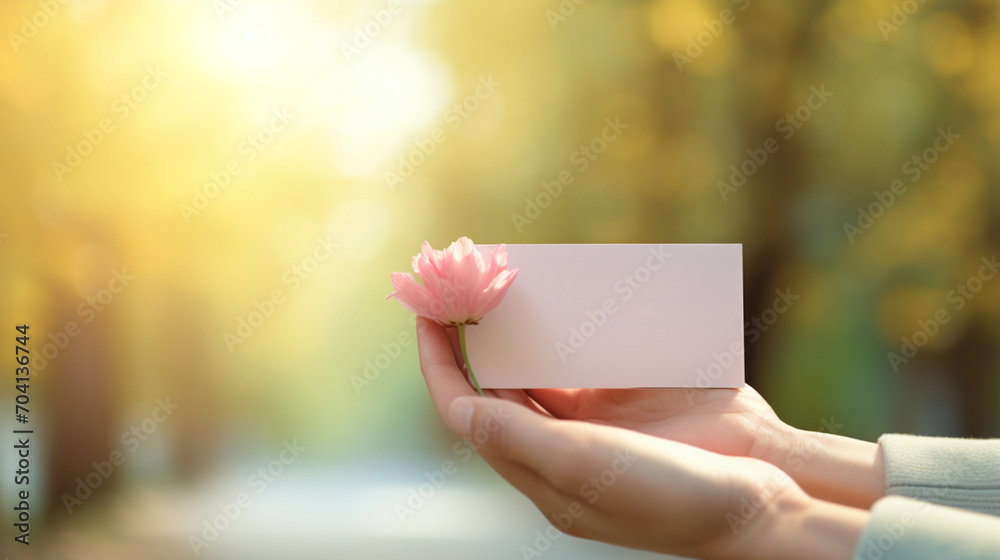 Female hand holds a blank sheet for advertising on a lush green background.