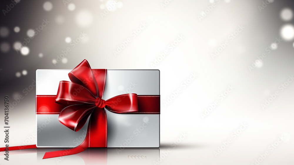 Gift card with red ribbon with blurred background.