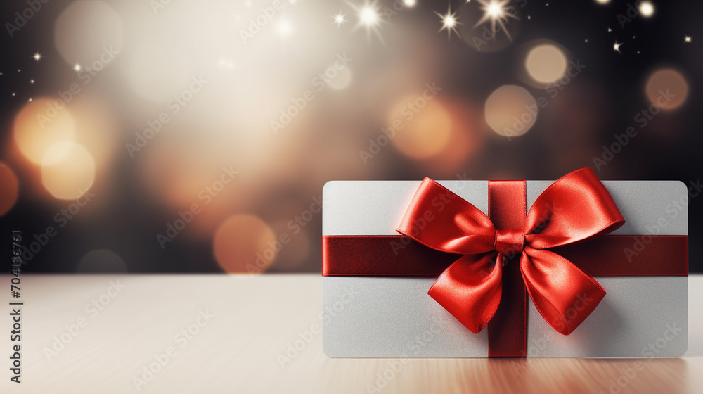 Gift card with red ribbon with blurred background.