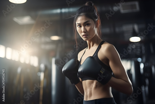 Portrait of beautiful sporty asian woman boxing in gym.