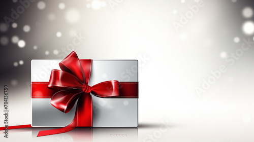 Gift card with red ribbon with blurred background.