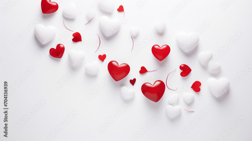 White and red hearts on a white background.
