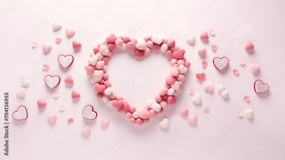 Background in pink tones with flower petals and hearts. Valentine's day concept.
