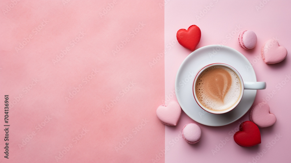Coffee with macarons dessert on a pink background, top view.