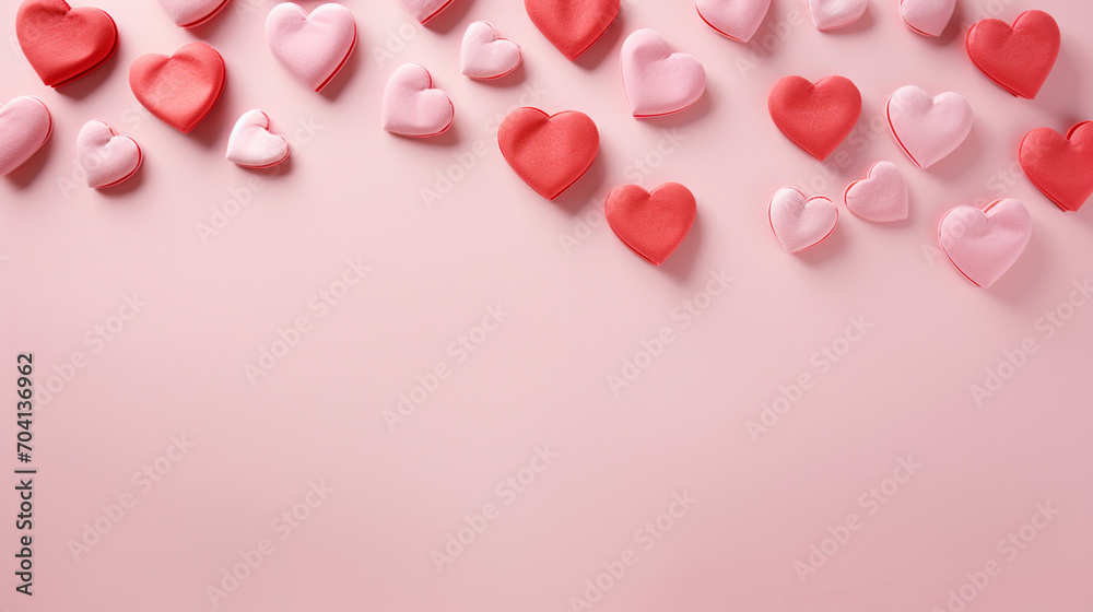 Background in pink tones with flower petals and hearts. Valentine's day concept.