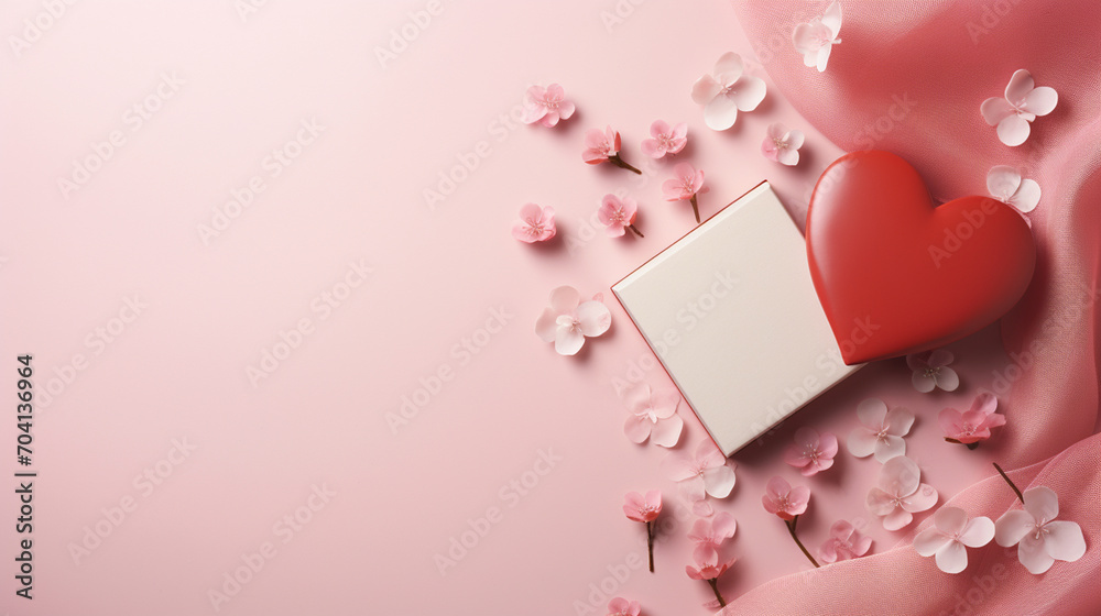Background in pink tones with flower petals and hearts. Valentine's day concept.