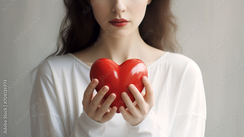 Beautiful girl holding a red heart in her hands on a white background, close-up.