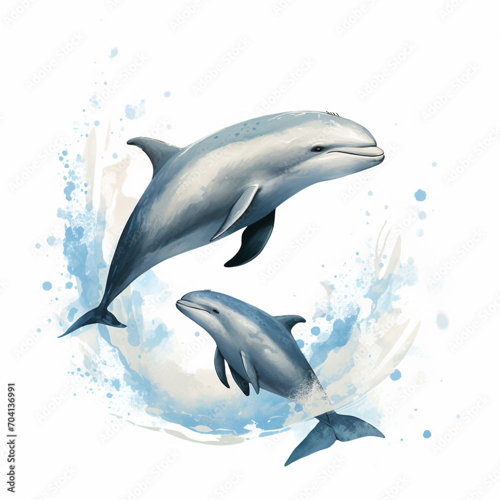 A couple of dolphins with splashes of water. World marine mammal protection day simple image on white background.