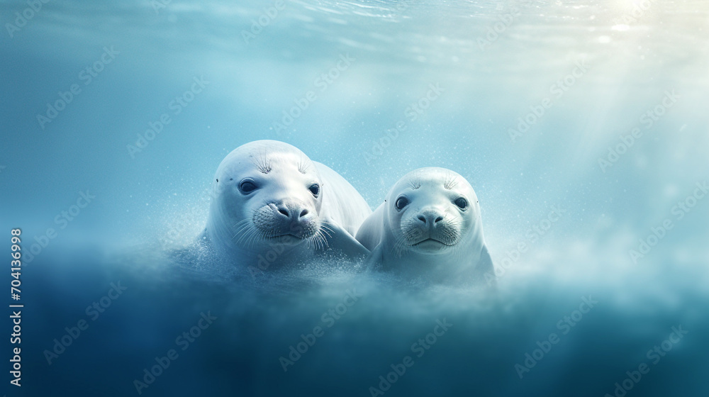 A couple of seals underwater. . World marine mammal protection day simple image on white background.