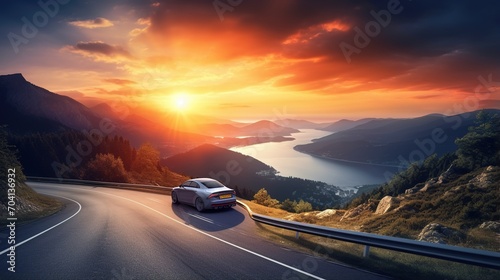 Car driving through mountain road at sunset