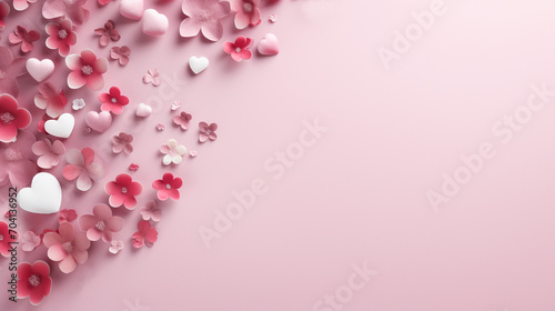 Background in pink tones with flower petals and hearts. Valentine's day concept.