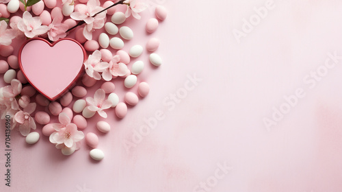 Background in pink tones with flower petals and hearts. Valentine's day concept.