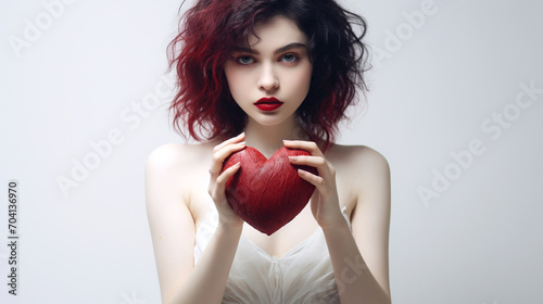 Beautiful girl holding a red heart in her hands on a white background, close-up.