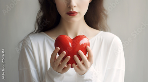 Obraz na płótnie Beautiful girl holding a red heart in her hands on a white background, close-up. w salonie