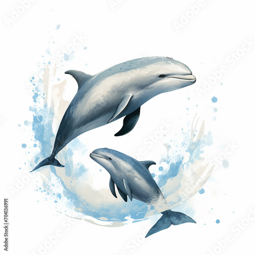 Obraz na płótnie A couple of dolphins with splashes of water. World marine mammal protection day simple image on white background. w salonie