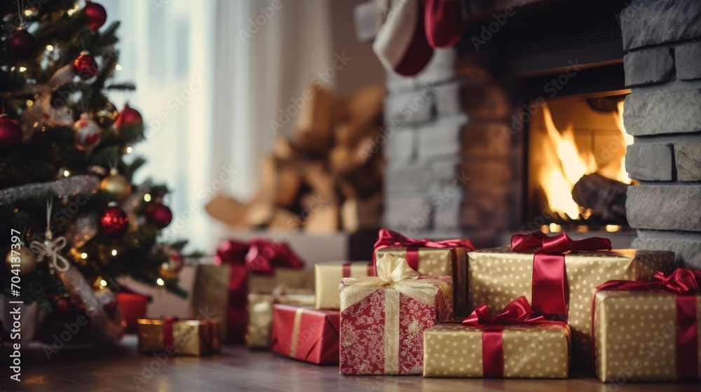 christmas gift boxes and presents under a decorated christmas tree near a fireplace celebrating christmas and new year. cozy family atmosphere. wallpaper background 16:9, generative ai