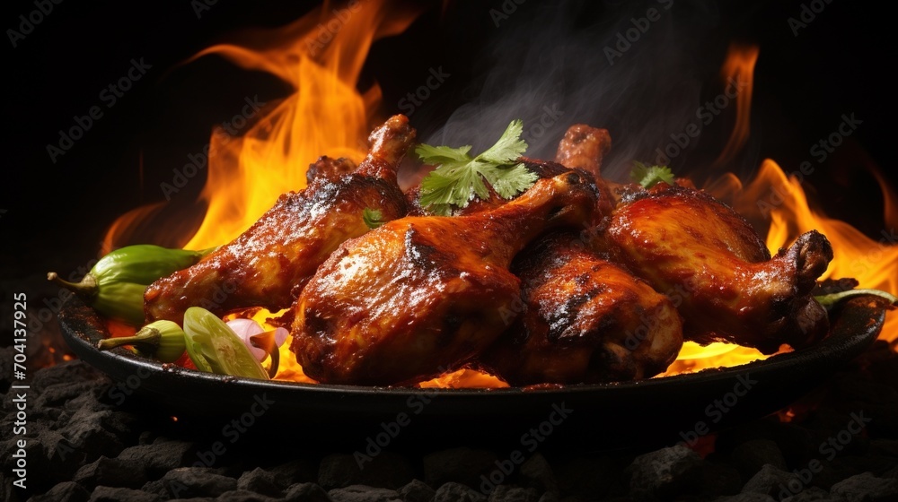 Barbecued chicken on a flaming grill Barbecued chicken on a flaming grill