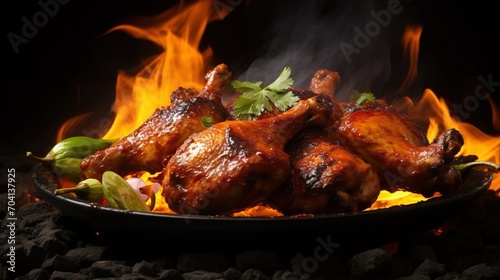Barbecued chicken on a flaming grill