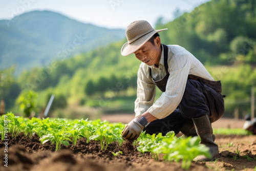 広い畑で農作業を行う男性農家 photo