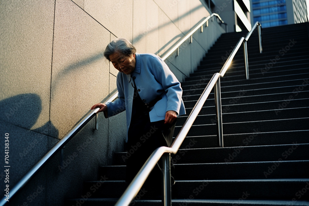 階段を大変そうに昇降する高齢女性