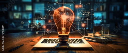 Glowing Light Bulb on Laptop with Digital Drawing of Circuitry and Icons