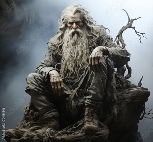 A Mystical Old Wizard Sits on a Tree Stump
