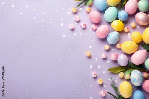 Happy easter decoration background, colorful eggs, flat lay , copy space - generative ai