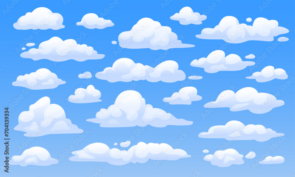 Set of white clouds in cartoon style on a blue background. Vector fluffy clouds for sky landscape. Weather elements