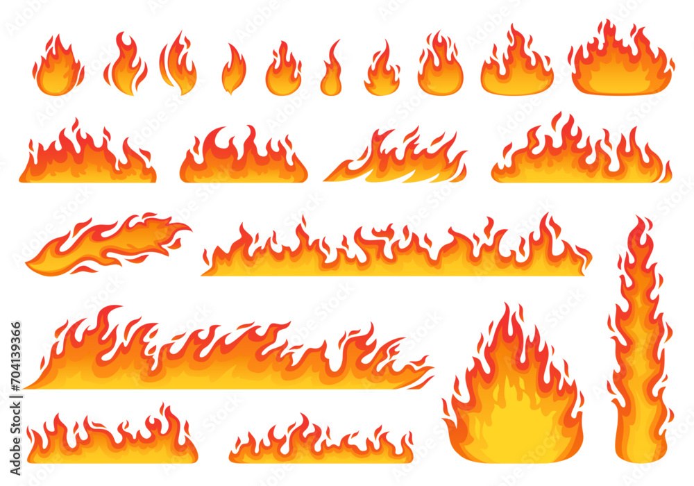 Cartoon fire flames set. Hot bonfire elements, burning effects, hell blaze. Vector symbols for campfire, fireballs or torch