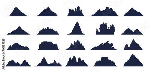 Mountain silhouette set. Abstract hills, cliffs, ridges and rocks for hiking, climbing or tourism emblem vector design. Mountain shapes