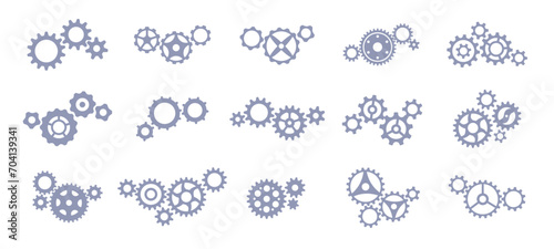 Set of connected gear wheels icons. Setting symbols. Simple abstract machine elements. Vector cogwheel mechanism silhouettes