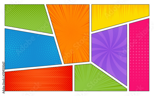 Comic book page template in pop-art style with halftone effects and speed lines. Vector comics horizontal background with colorful frames