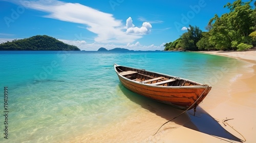 Wooden boat on a tropical beach with crystal clear water