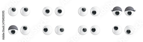 3d realistic googly eyes. Funny toy plastic glossy eye. Set of vector cartoon goofy eyeballs looking up and down