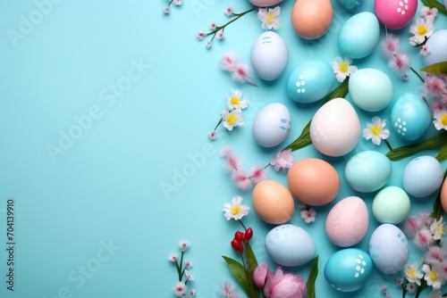 Happy easter decoration background  colorful eggs  flat lay   copy space - generative ai