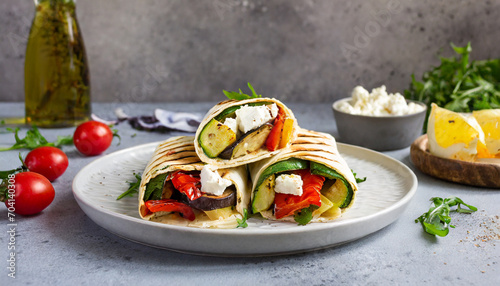 Wrap sandwich with grilled vegetables and feta cheese on a plate. Grey background. Copy space.