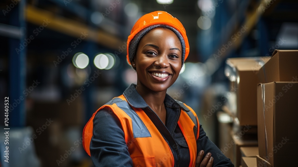 Portrait of a smiling African American woman wearing a hard hat and safety vest in a warehouse Portrait of a smiling African American woman wearing a hard hat and safety vest in a warehouse