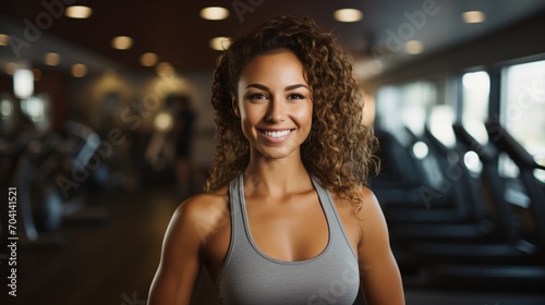 Portrait of a young athletic woman smiling in a gym