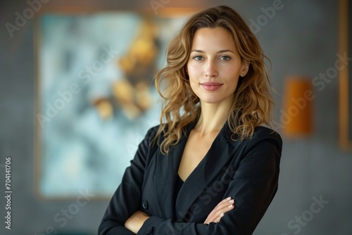 Portrait of a business woman. A professional business woman stands at the front of a office arms crossed, looking at the camera. Generative AI