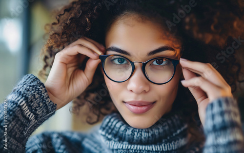Close up of beautiful young woman wearing glasses
