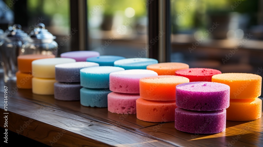 Cylindrical multi-colored sponges on a wooden table Cylindrical multi-colored sponges on a wooden table