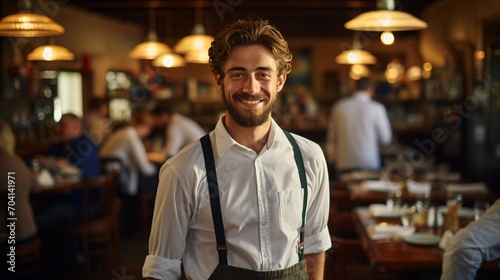 Portrait of a happy waiter in a busy restaurant