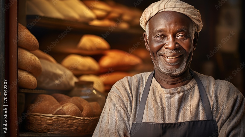 African senior male standing in front of bakery