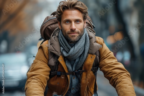 Man wearing a business suit riding a bicycle in an urban area  © Pinklife