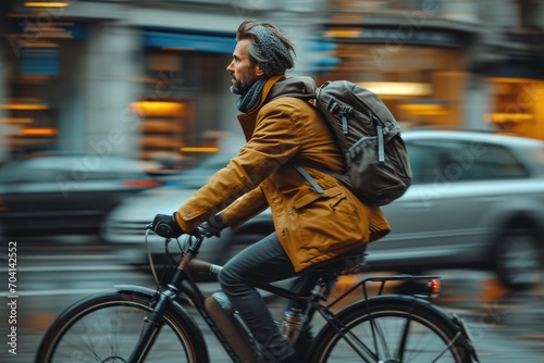 Cyclist with backpack riding in front of a busy street 