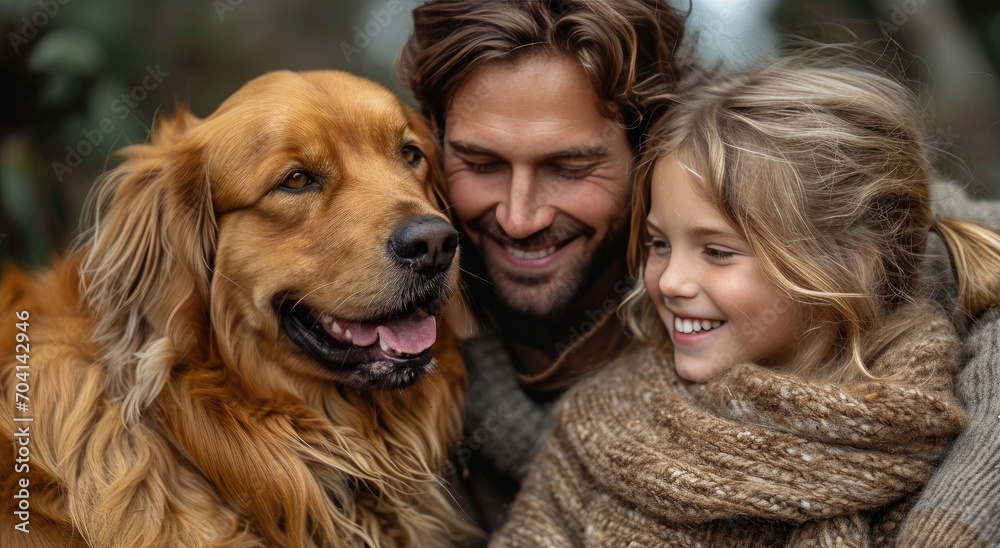 Family laughing with their dog,