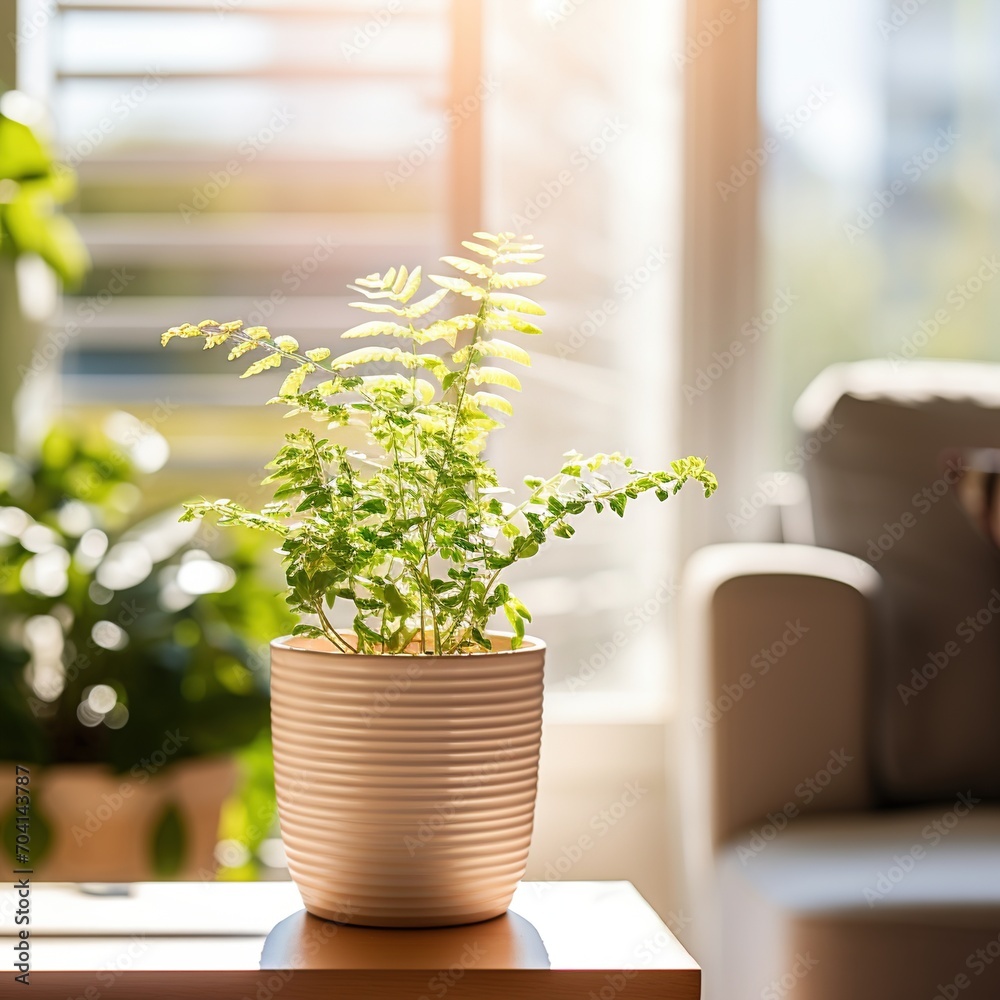 Indoor potted fern plant on table by the window