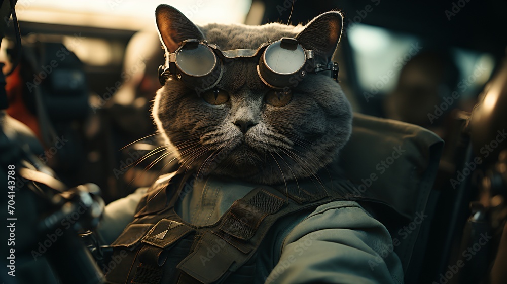 A gray cat wearing a military vest and goggles sits in a vehicle A gray cat wearing a military vest and goggles sits in a vehicle