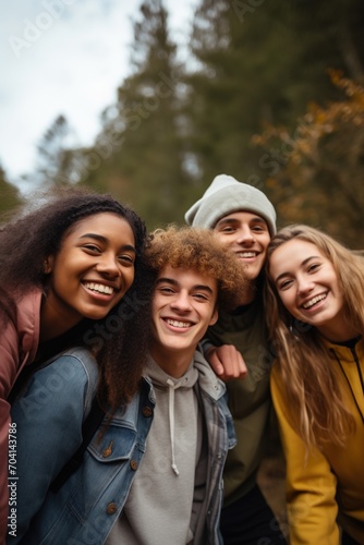 Multiethnic group of four friends in the woods