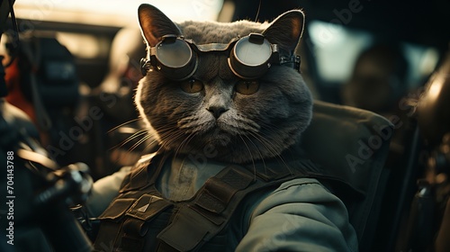 A gray cat wearing a military vest and goggles sits in a vehicle